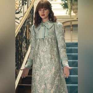 Vintage 60s Chiffon Lace & Tulle Maxi Dress Mint Green Bow Bridgerton - SMALL